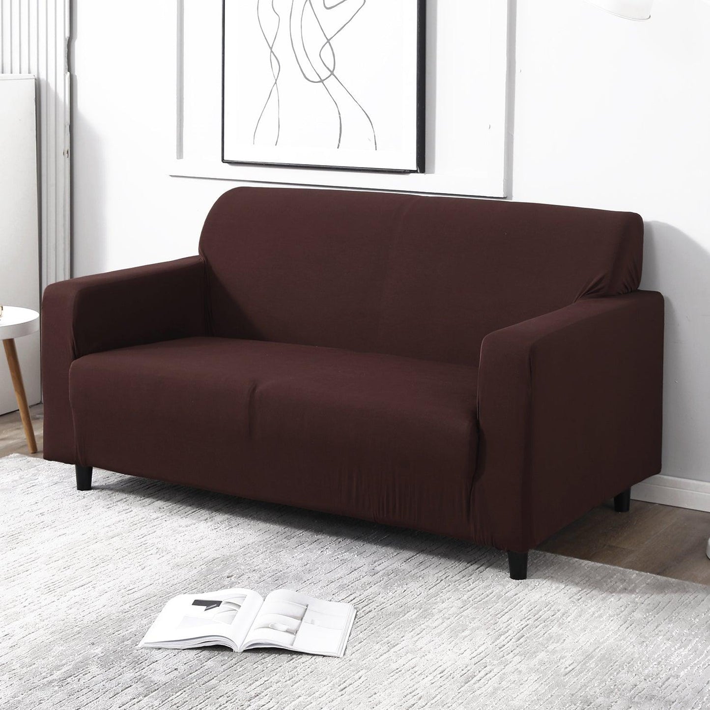 Plain chocolate brown elastic 2 seater sofa cover