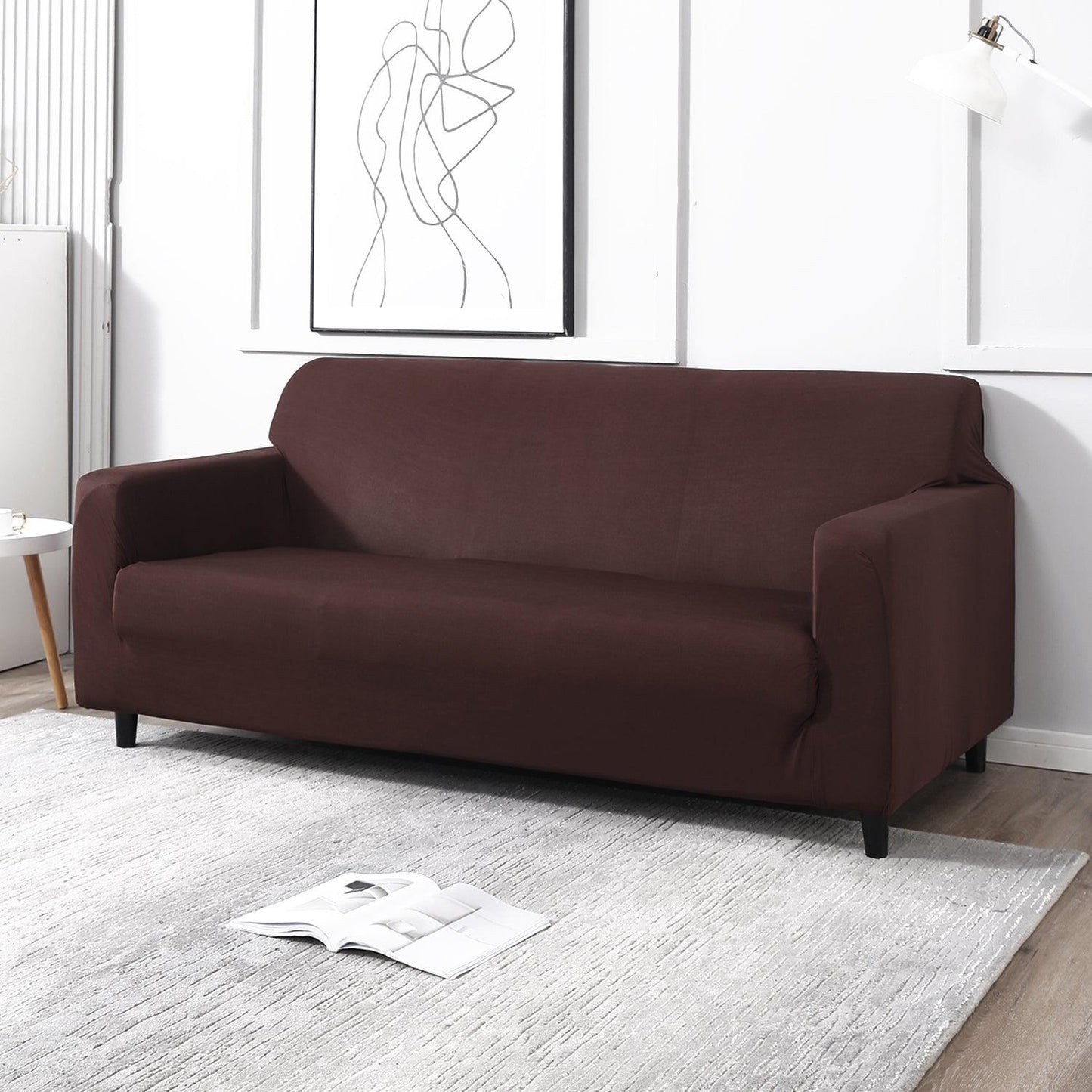 Plain chocolate brown elastic 3 seater sofa cover