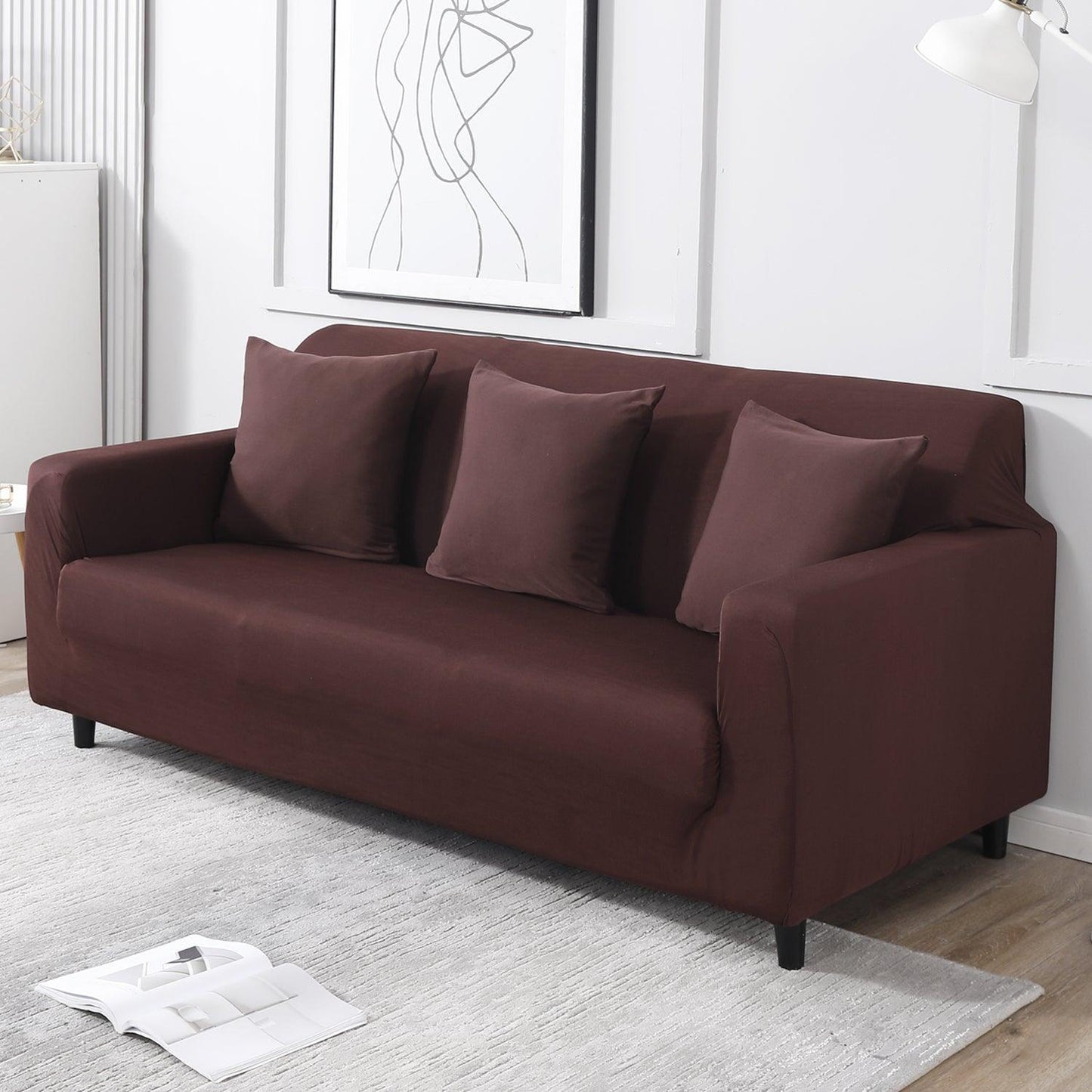 Plain chocolate brown non slip elastic 3 seater sofa cover