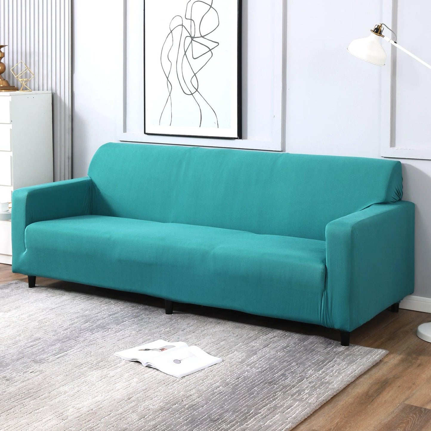 Dark Cyan colour plain stretchable 4 seater sofa cover