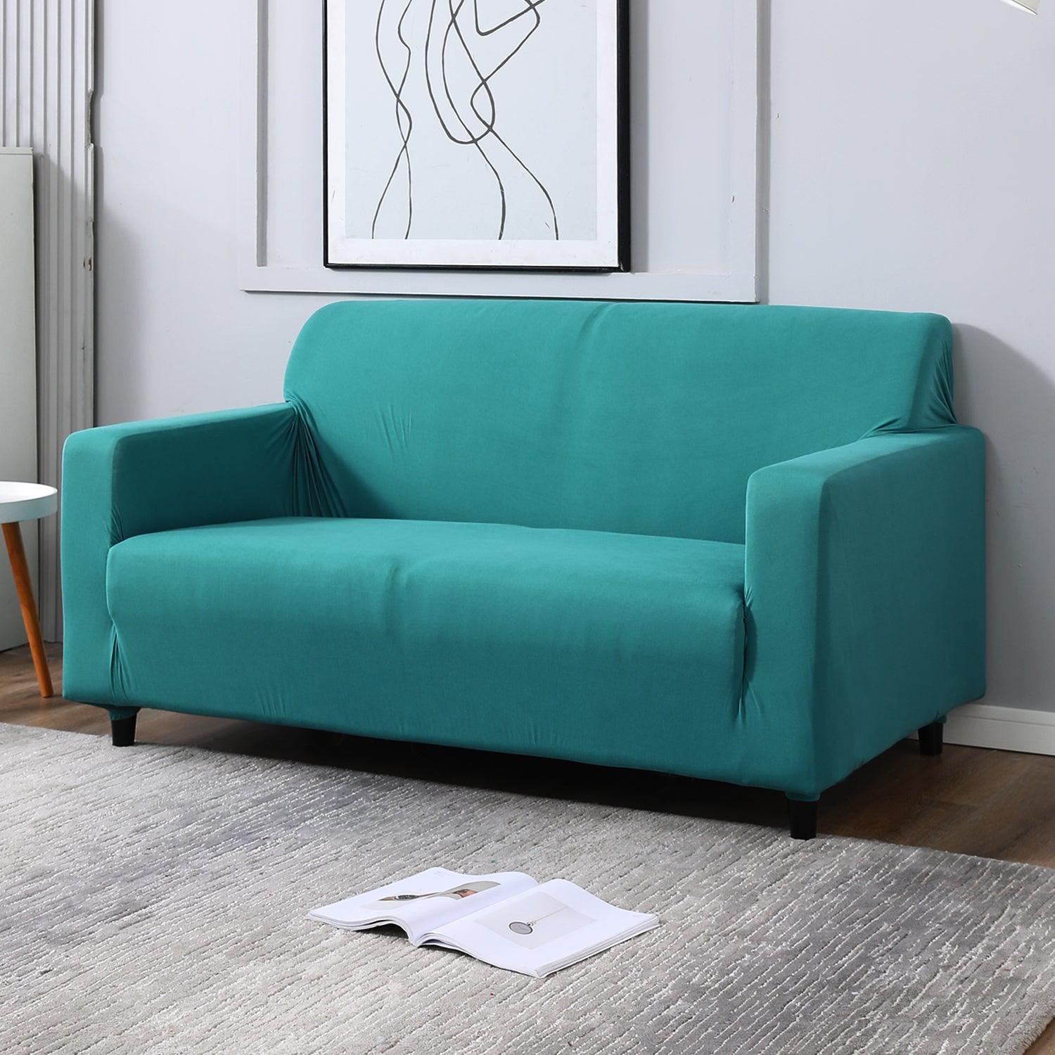 Dark Cyan colour plain elastic 2 seater sofa cover