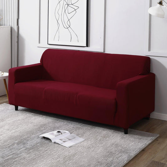 Plain Maroon fully covered elastic 3 seater sofa cover