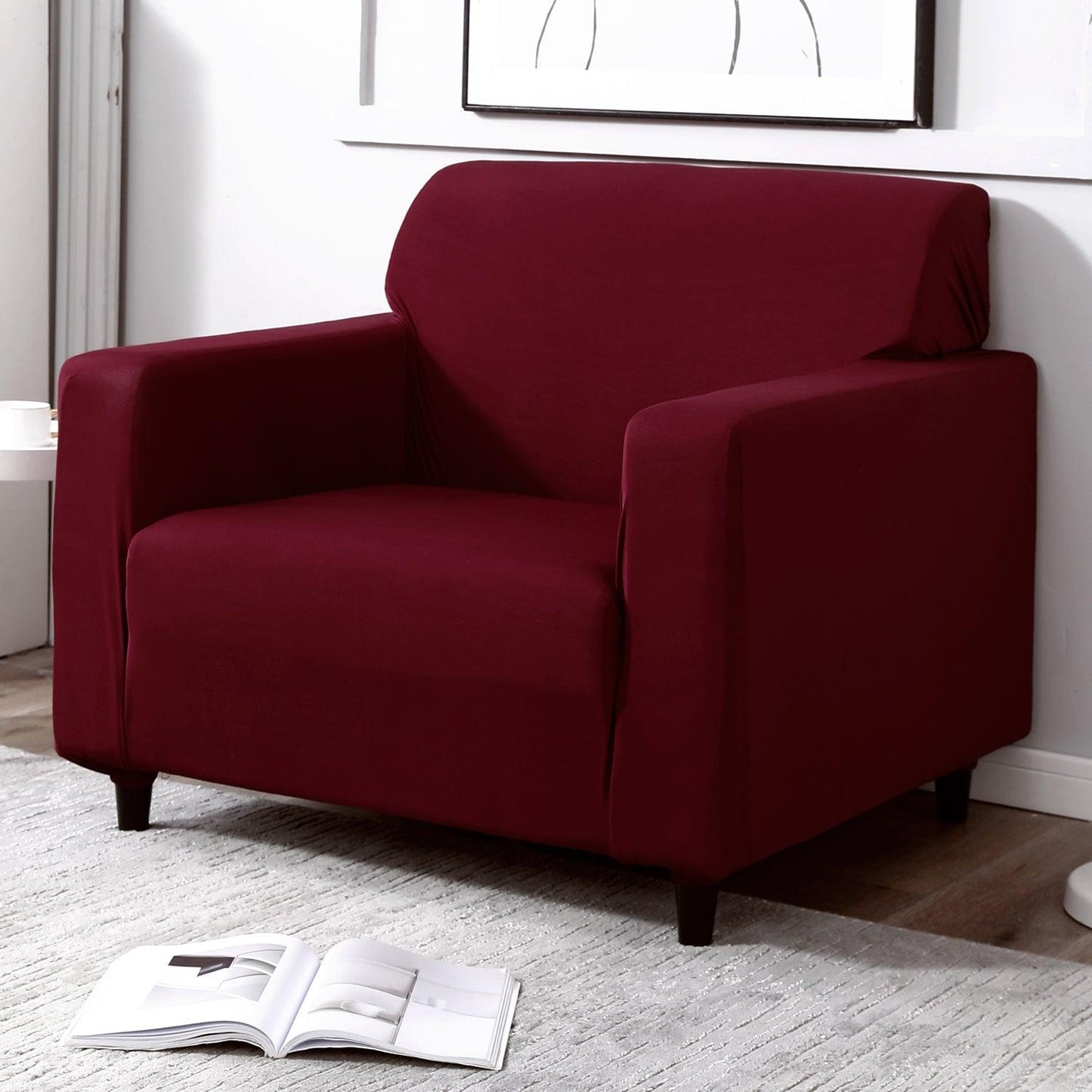 Plain Maroon fully covered elastic 1 seater sofa cover