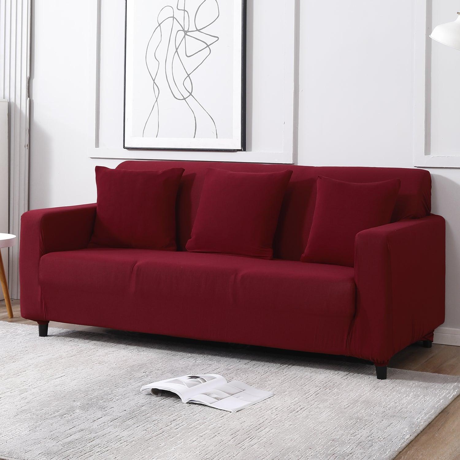 buy Plain Maroon modern stretchable three seater sofa cover
