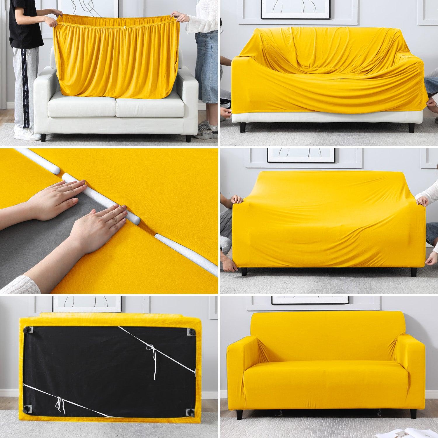 Step-by-step guide on How to put on Sunny Yellow elastic plain sofa cover