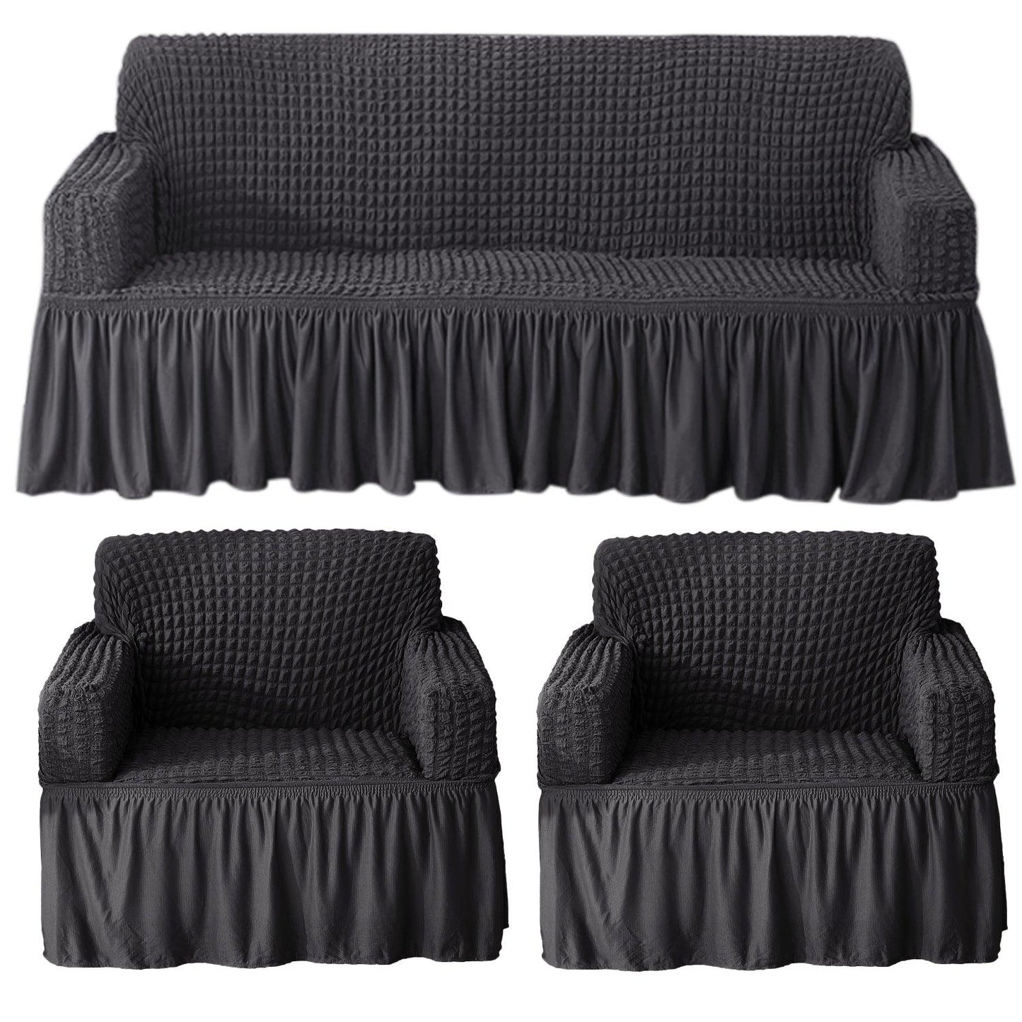 Anchor Grey Elastic Turkish Bubble Frill sofa cover for 3+1+1 seater sofa set