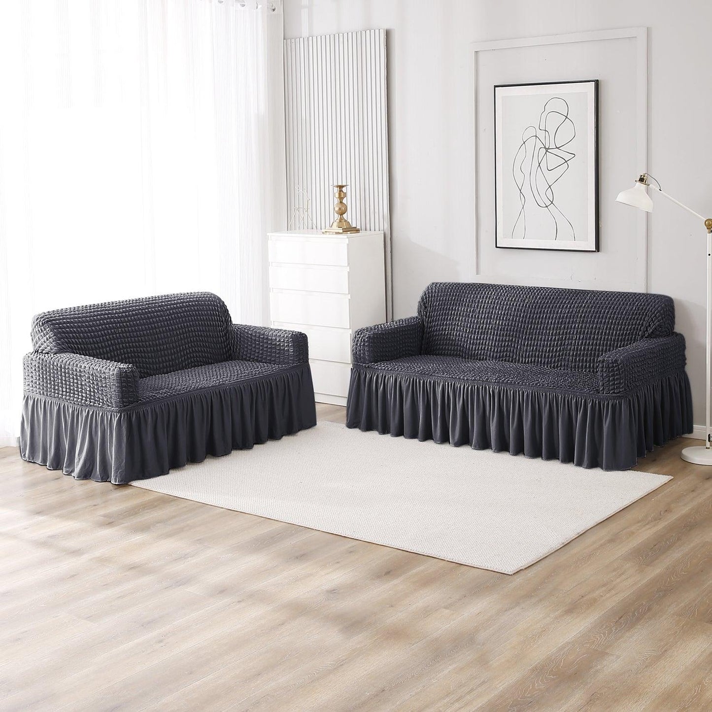 Anchor Grey Elastic stretchable Turkish Bubble frill sofa cover for 3 2 seater sofa