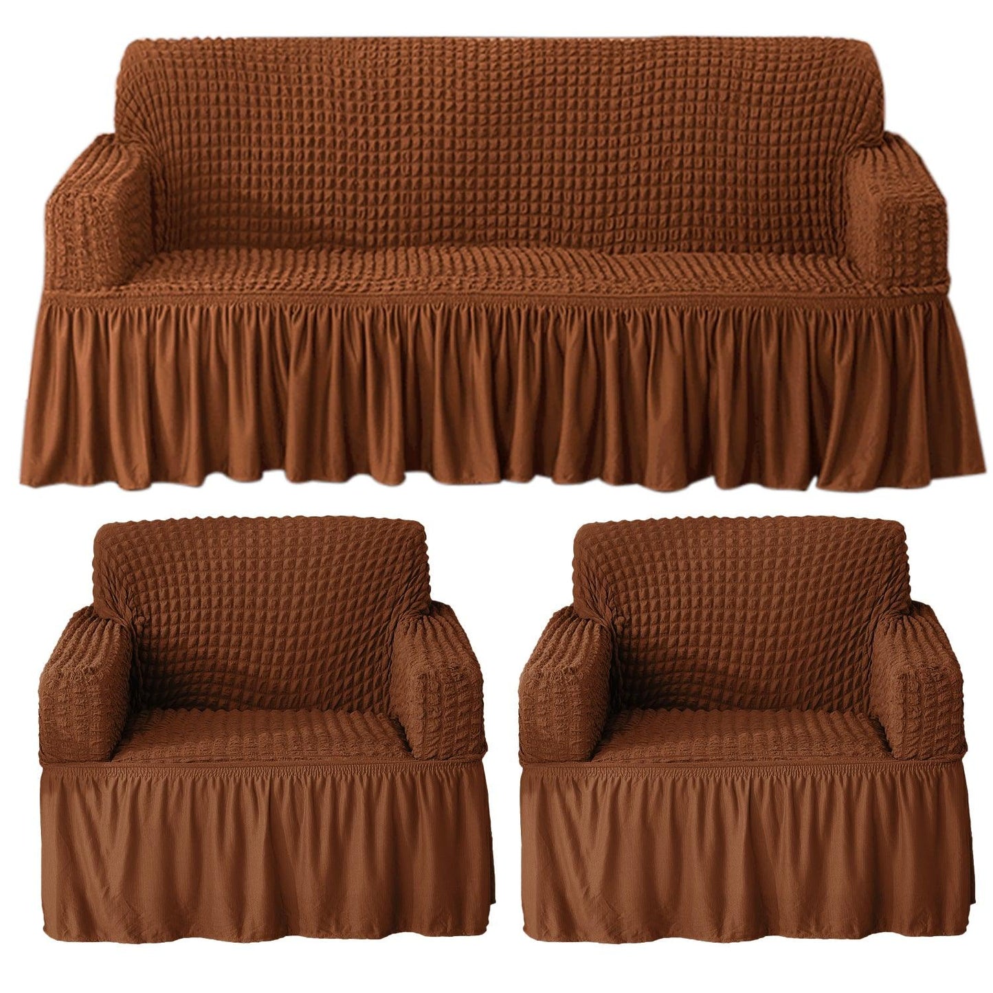 Chocolate Brown Elastic Turkish Bubble Frill sofa cover for 3+1+1 seater sofa set