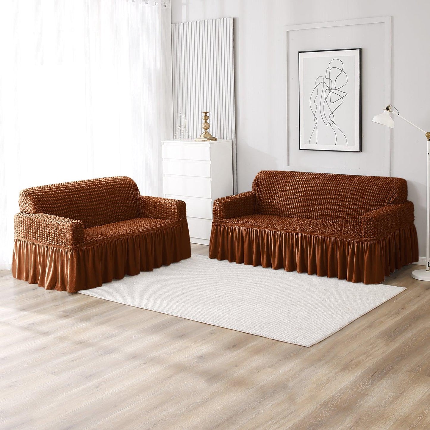 Chocolate Brown Elastic stretchable Turkish Bubble frill sofa cover for 3 2 seater sofa