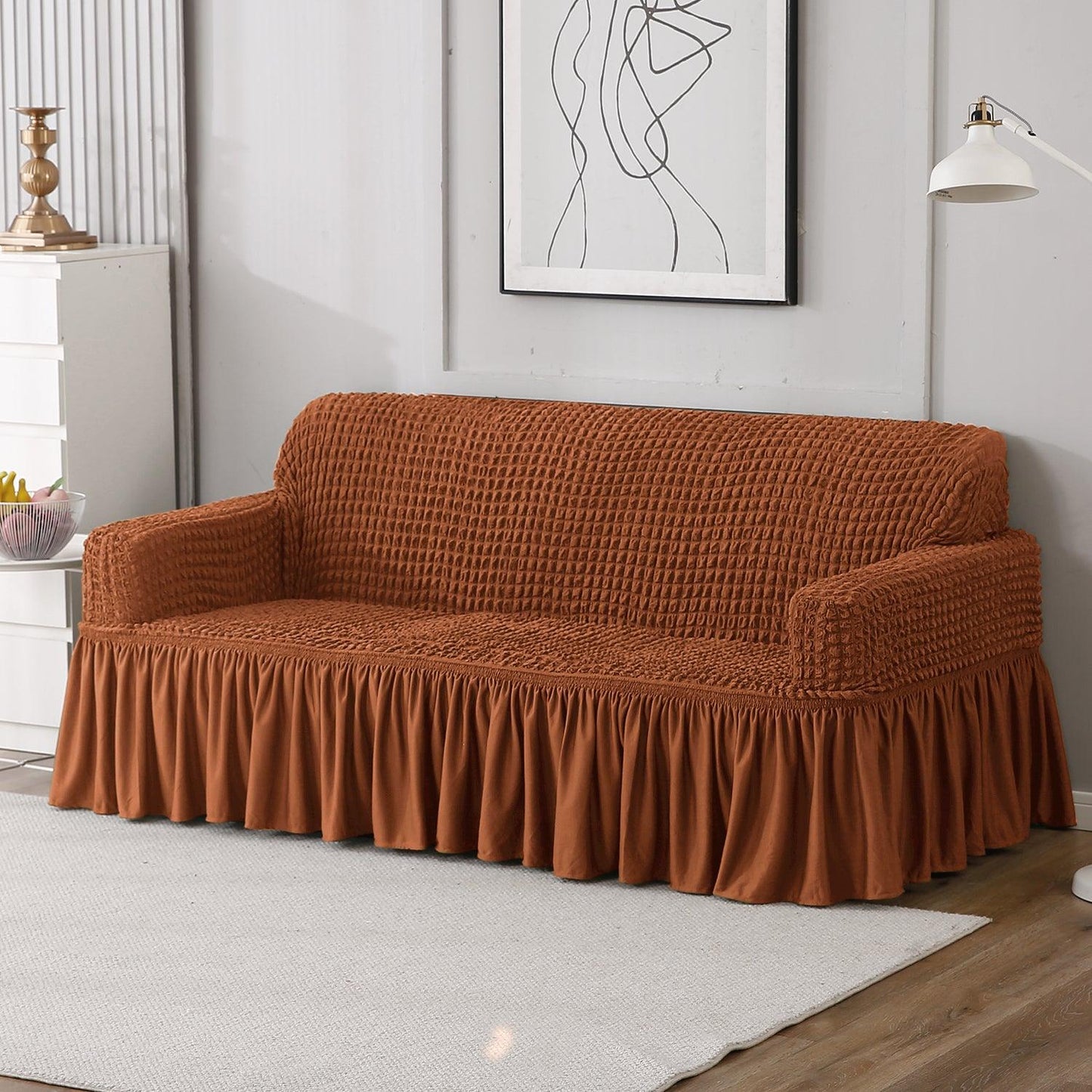 Chocolate Brown Elastic Turkish Bubble Frill 3 seater sofa cover