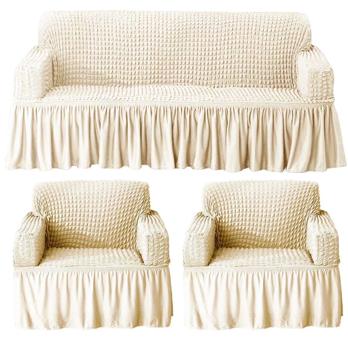 Cream Elastic Turkish Bubble Frill sofa cover for 3+1+1 seater sofa set