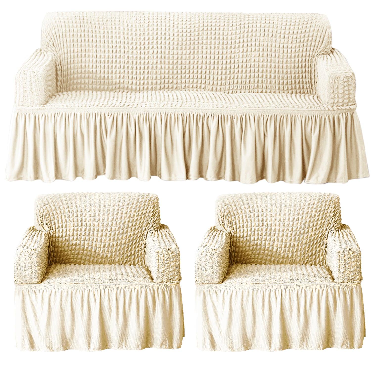Cream Elastic Turkish Bubble Frill sofa cover for 3+1+1 seater sofa set