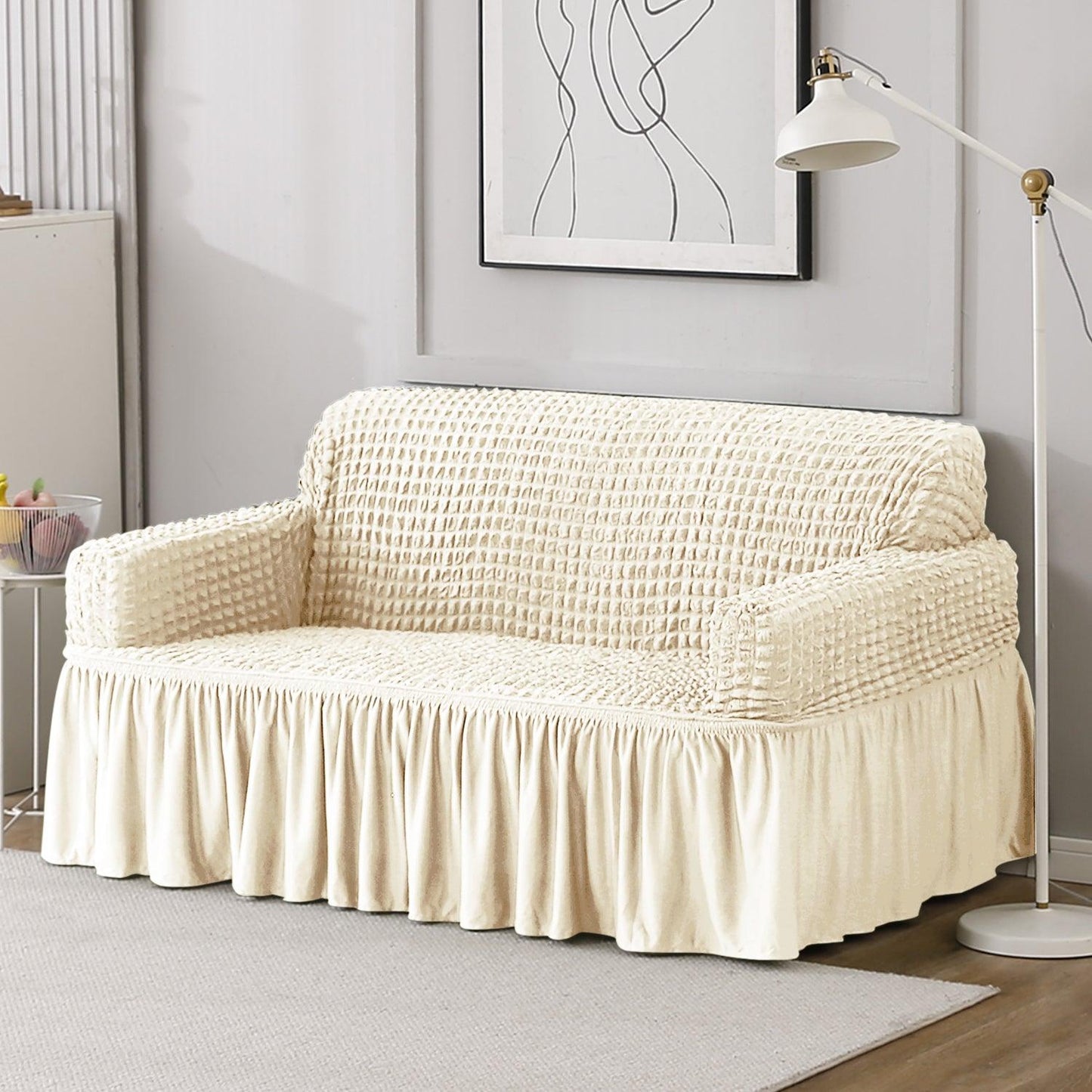 Cream Stretchable Turkish Bubble Frill 2 seater sofa cover