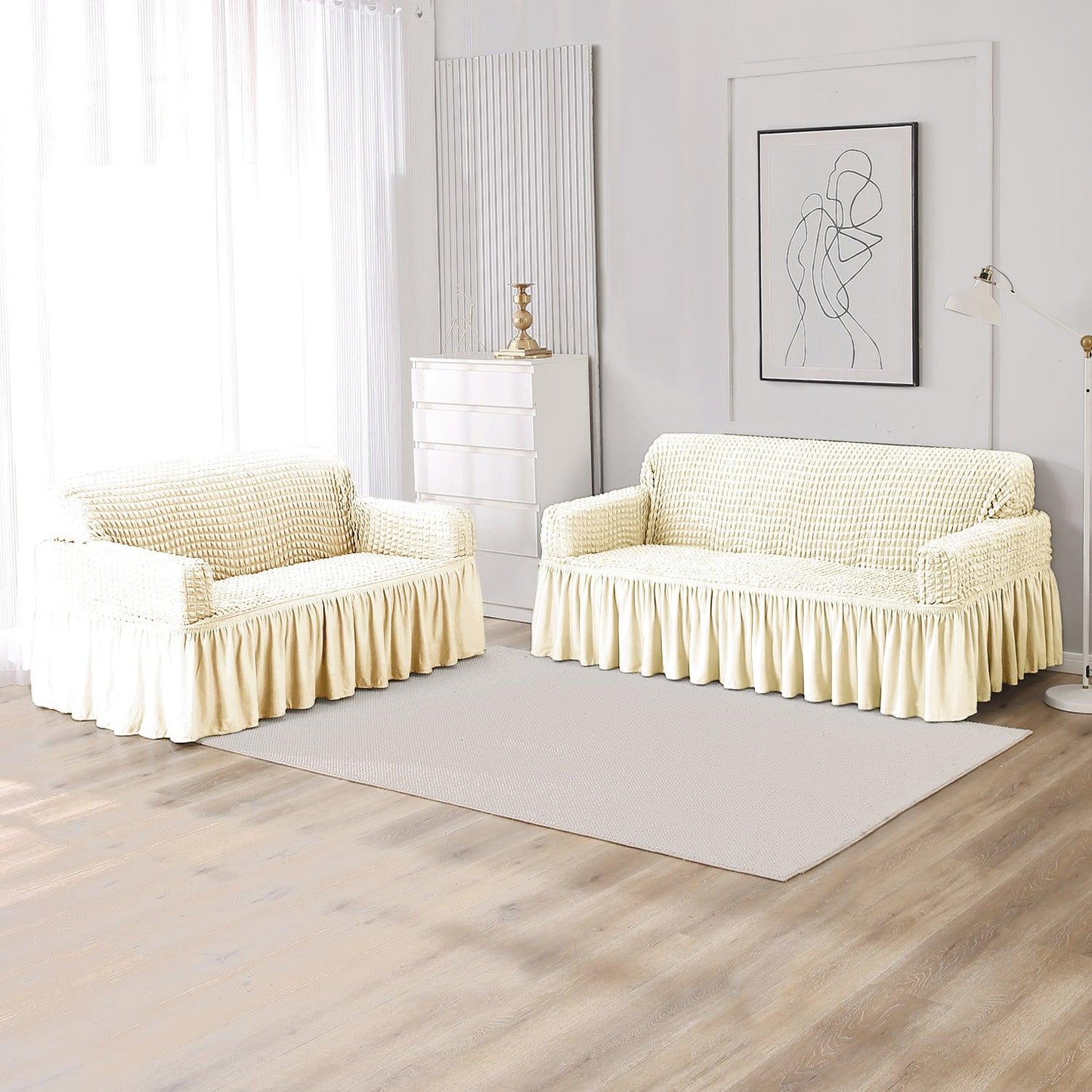 Cream Elastic stretchable Turkish Bubble frill sofa cover for 3 2 seater sofa