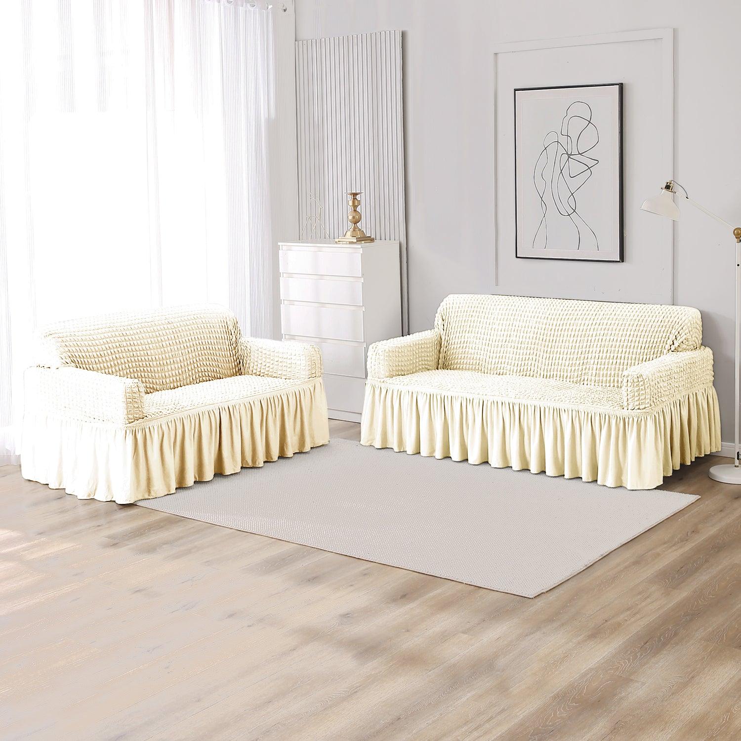 Cream Elastic stretchable Turkish Bubble frill sofa cover for 3 2 seater sofa