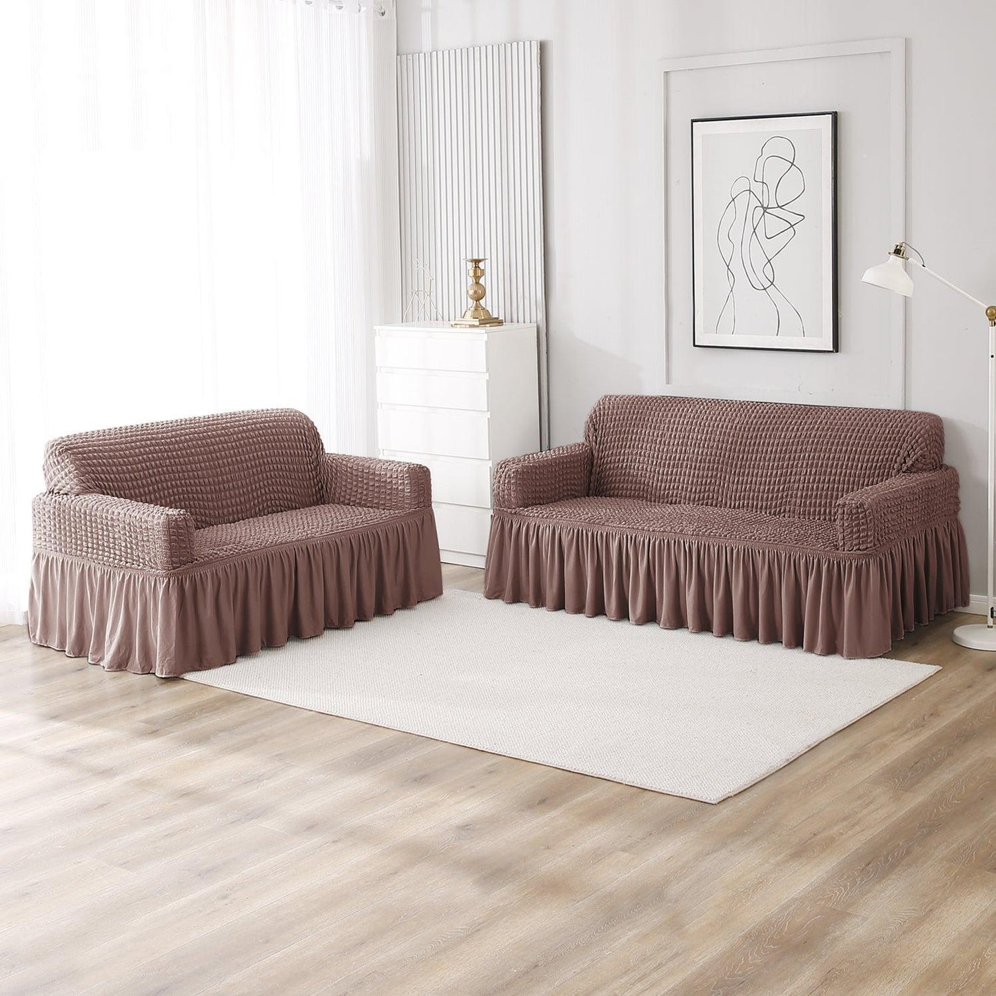Mocha Elastic stretchable Turkish Bubble frill sofa cover for 3 2 seater sofa