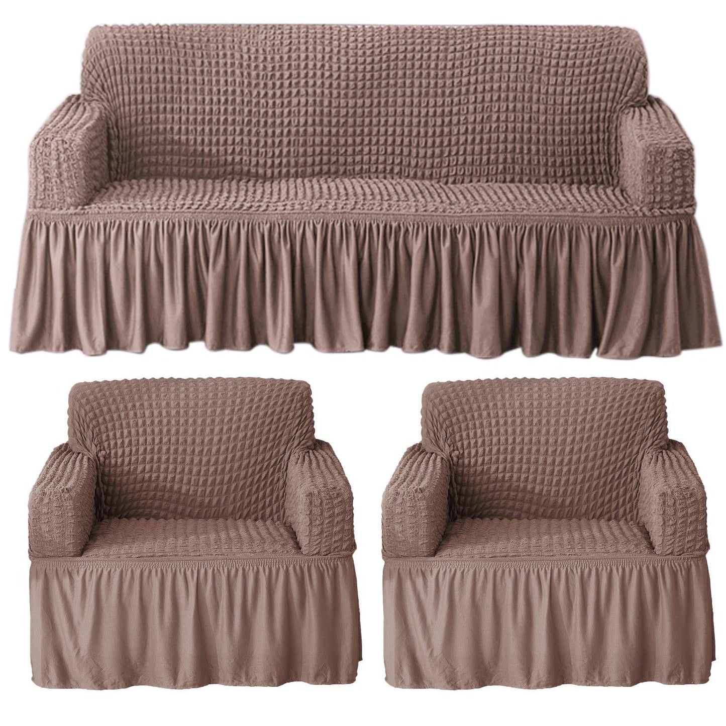 Mocha Elastic Turkish Bubble Frill sofa cover for 3+1+1 seater sofa set