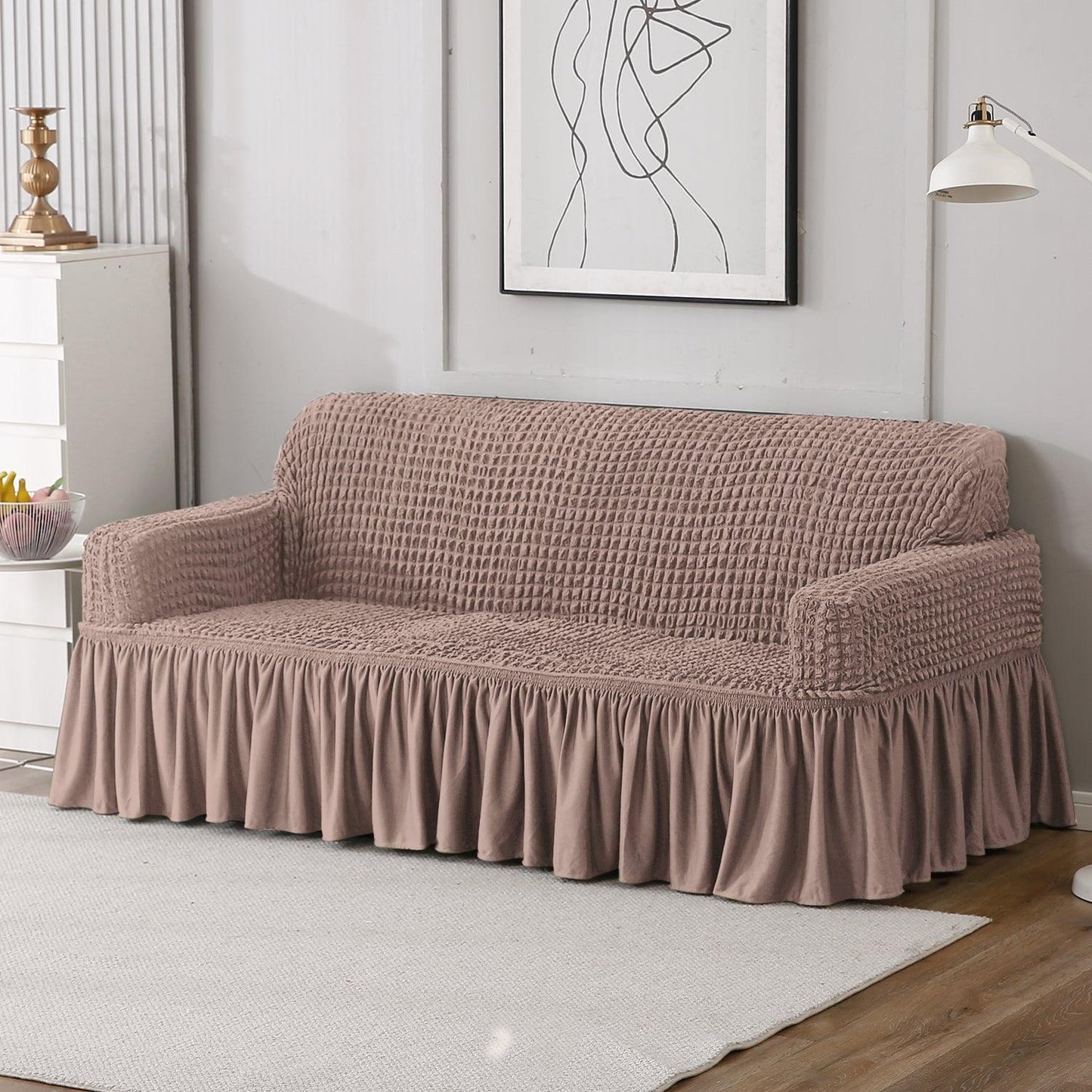 Mocha Elastic Turkish Bubble Frill 3 seater sofa cover