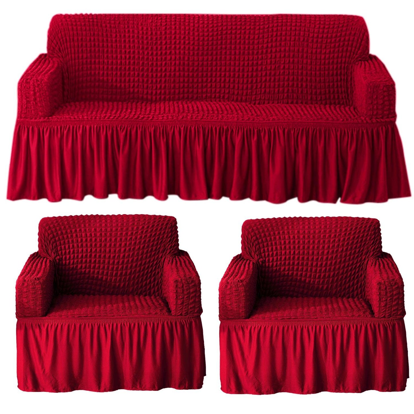 Scarlet Red Elastic Turkish Bubble Frill sofa cover for 3+1+1 seater sofa set