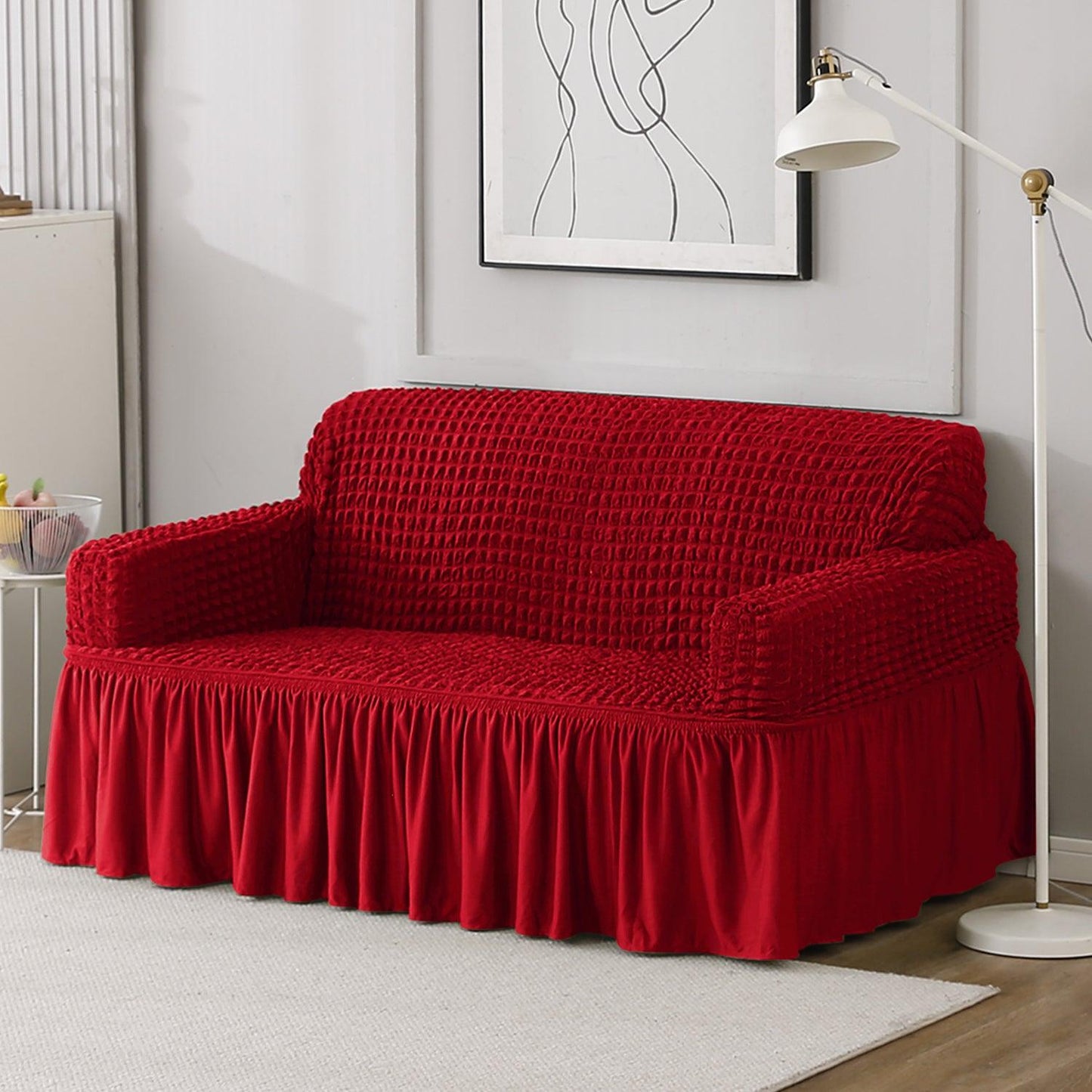 Scarlet Red Stretchable Turkish Bubble Frill 2 seater sofa cover