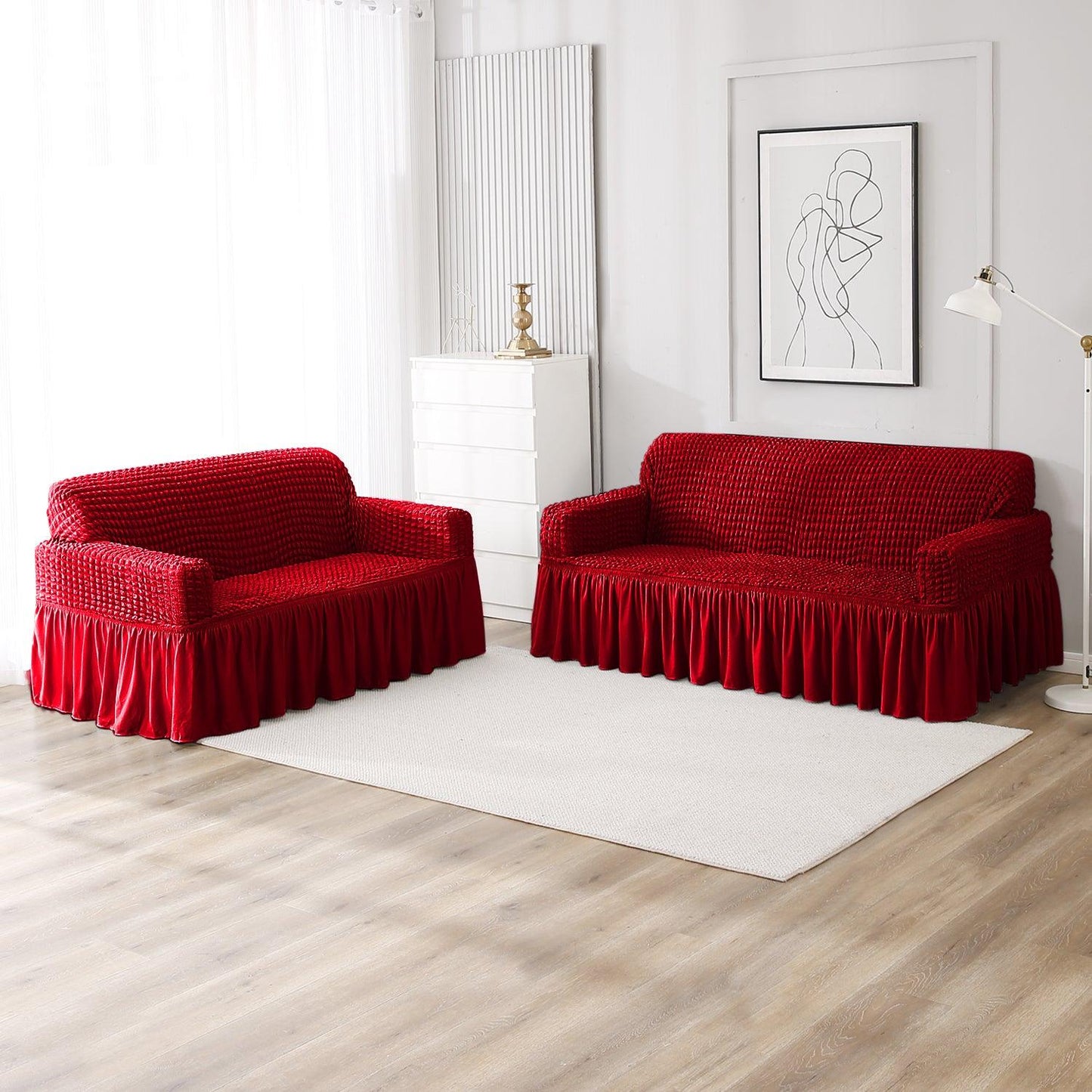 Scarlet Red Elastic stretchable Turkish Bubble frill sofa cover for 3 2 seater sofa