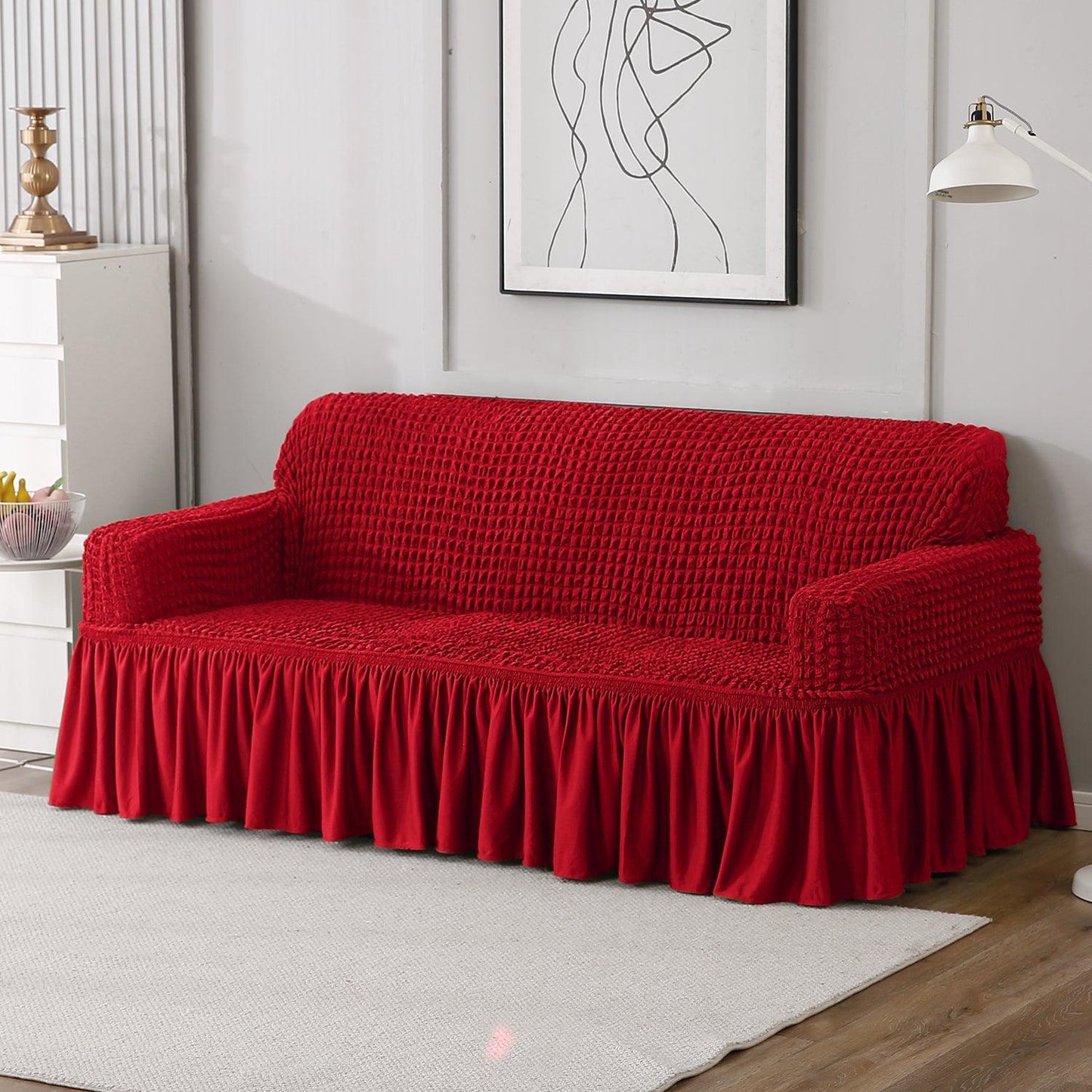 Scarlet Red Elastic Turkish Bubble Frill 3 seater sofa cover