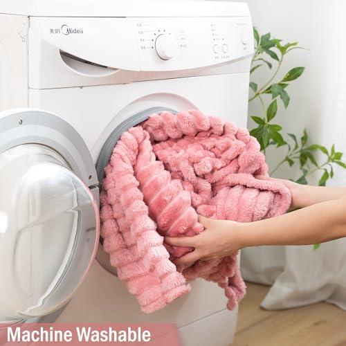 Pink Colour Double Bed Winter striped Fleece Blanket | HOKIPO