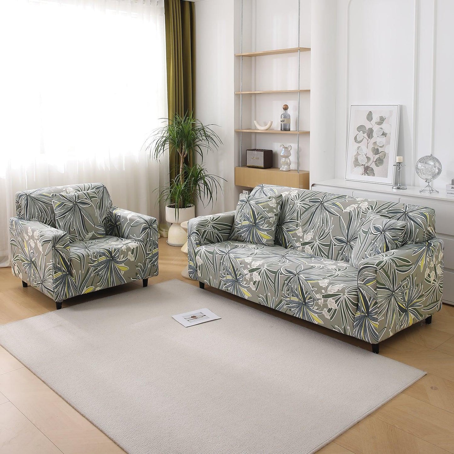 Frost Grey Marginata Print stretchable sofa cover 3+1+1 seater sofa cover