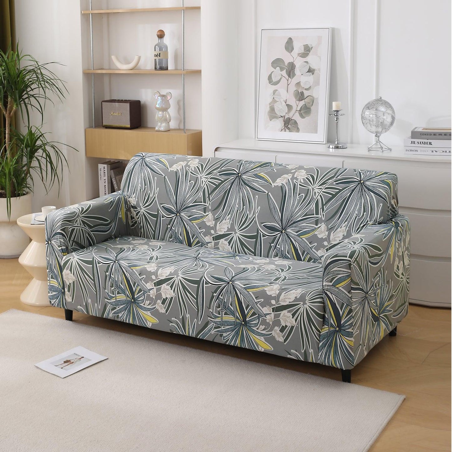 Frost Grey Marginata Print non slip elastic 2 seater sofa cover