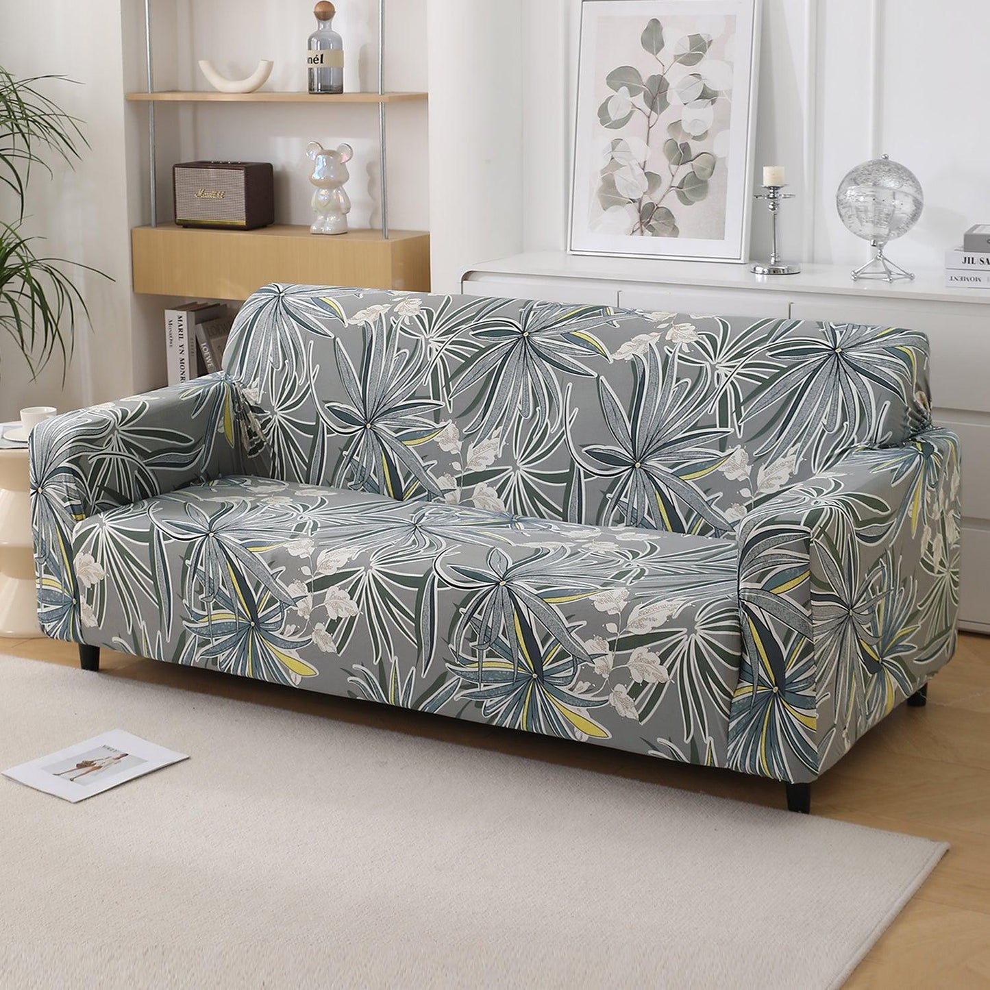 Frost Grey Marginata Print, non slip, Stretchable 4 seater sofa covers