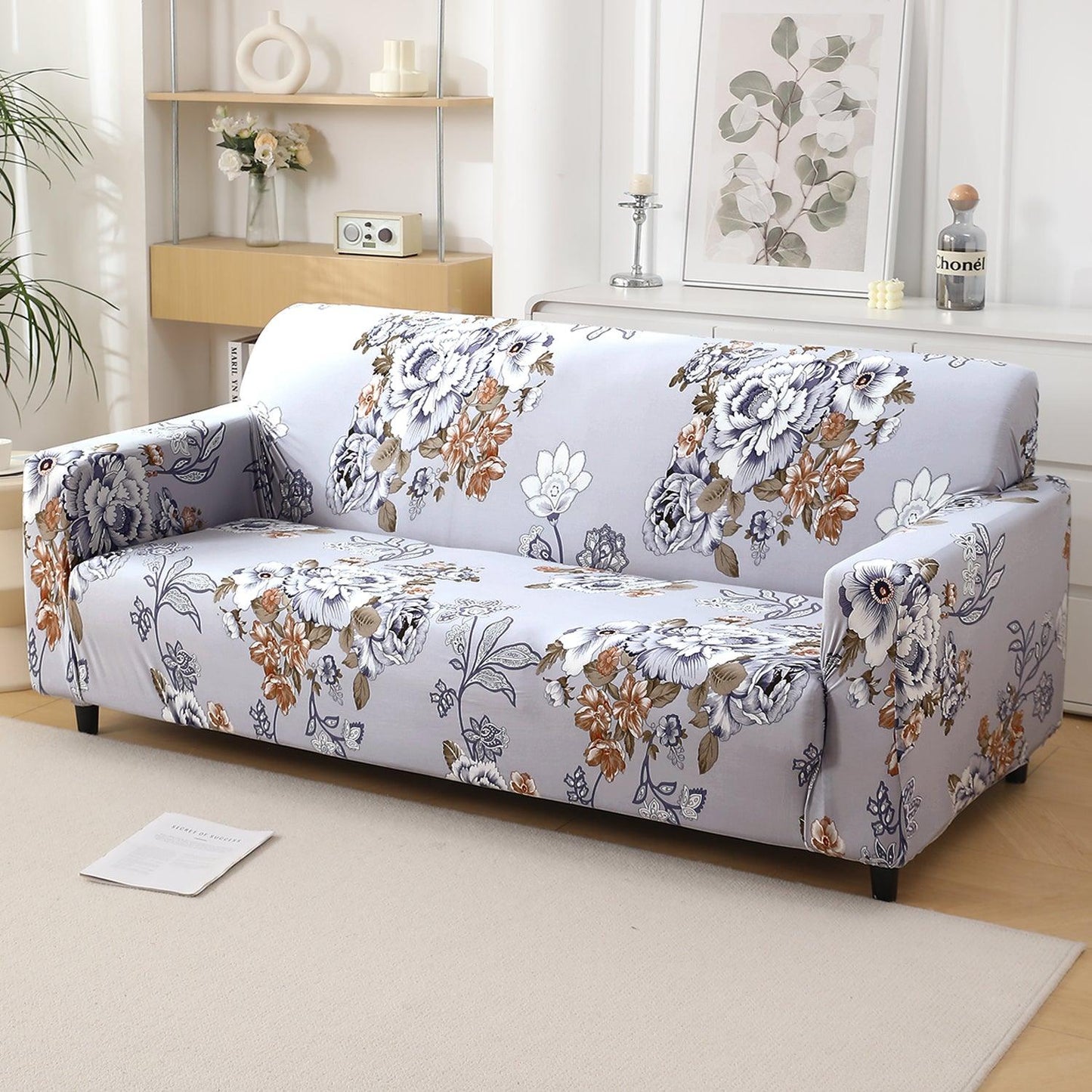 Gentle Grey Dahlia Printed, non slip, elastic 4 seater sofa covers