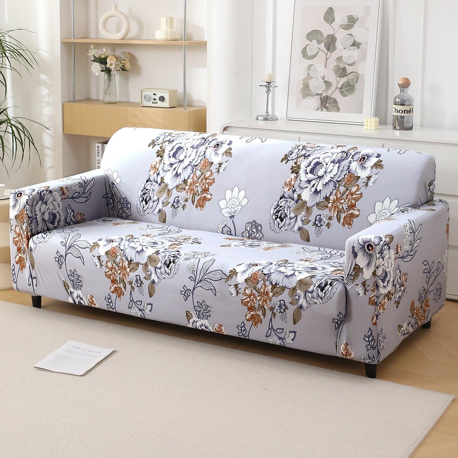 Gentle Grey Dahlia Printed, non slip, elastic 4 seater sofa covers