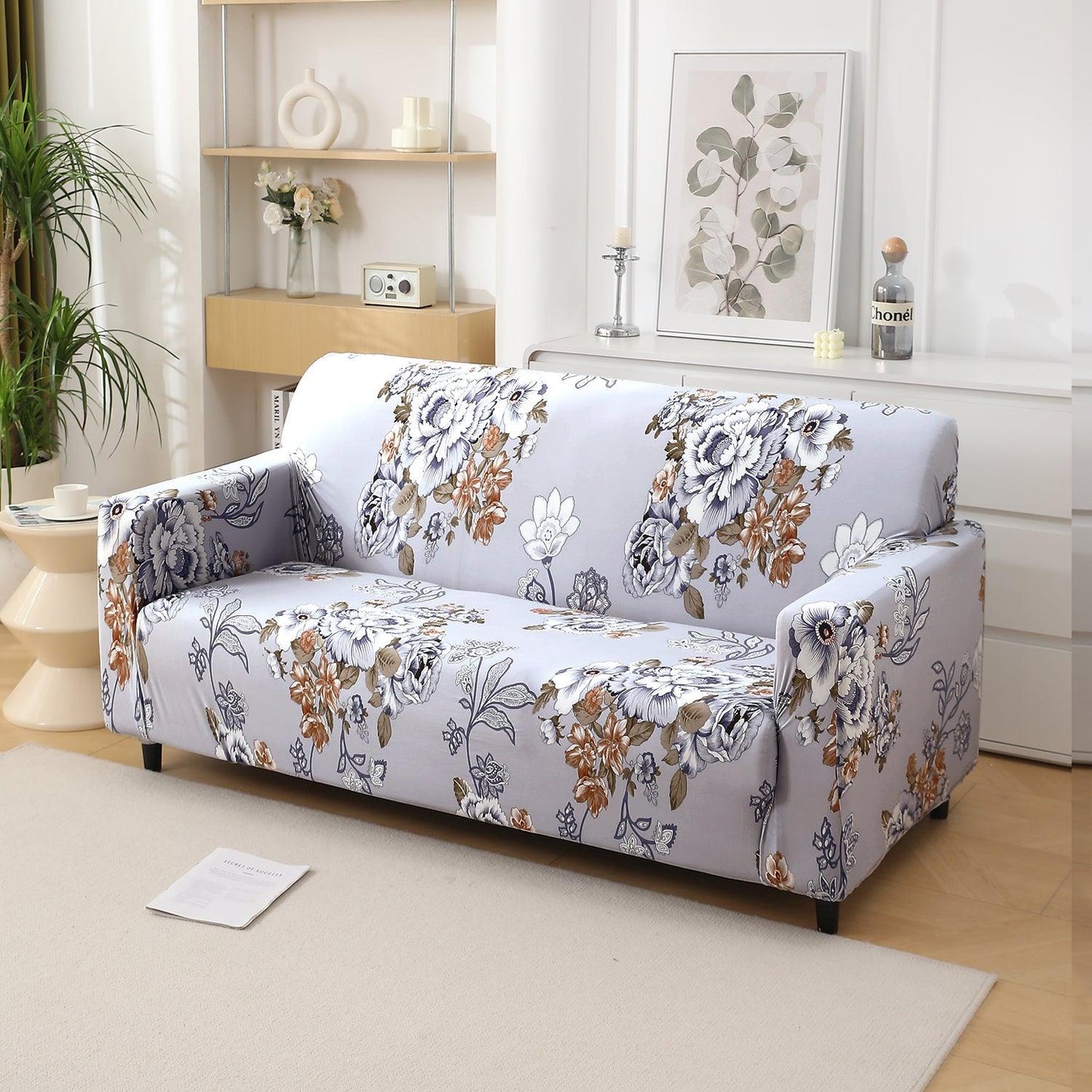 Gentle Grey Dahlia Printed stretchable two seater sofa cover
