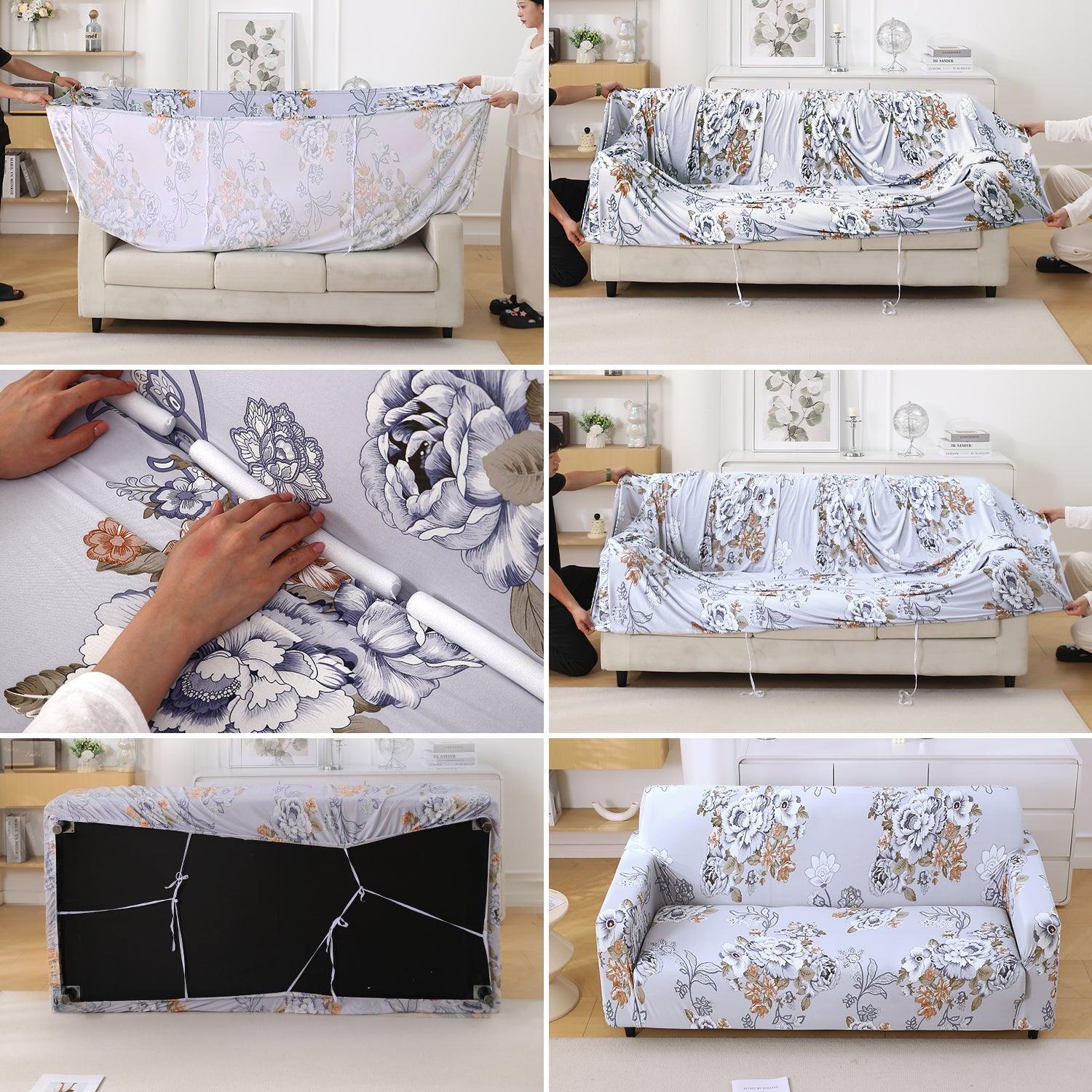 Step-by-step guide on How to put on Gentle Grey Dahlia Printed elastic sofa cover
