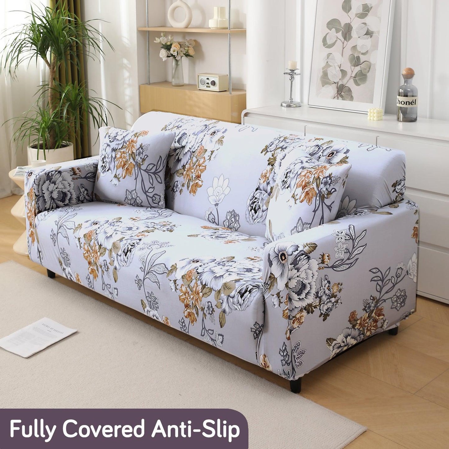 Gentle Grey Dahlia Printed non slip elastic 2 seater sofa cover