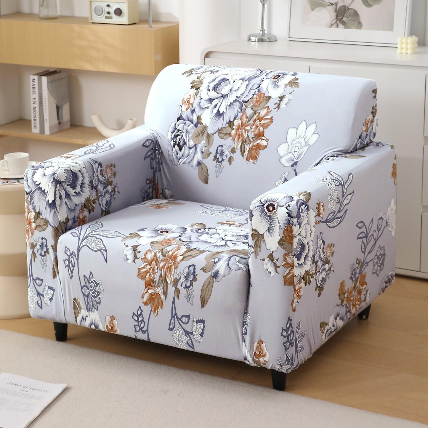 Gentle Grey Dahlia Printed stretchable single sofa cover
