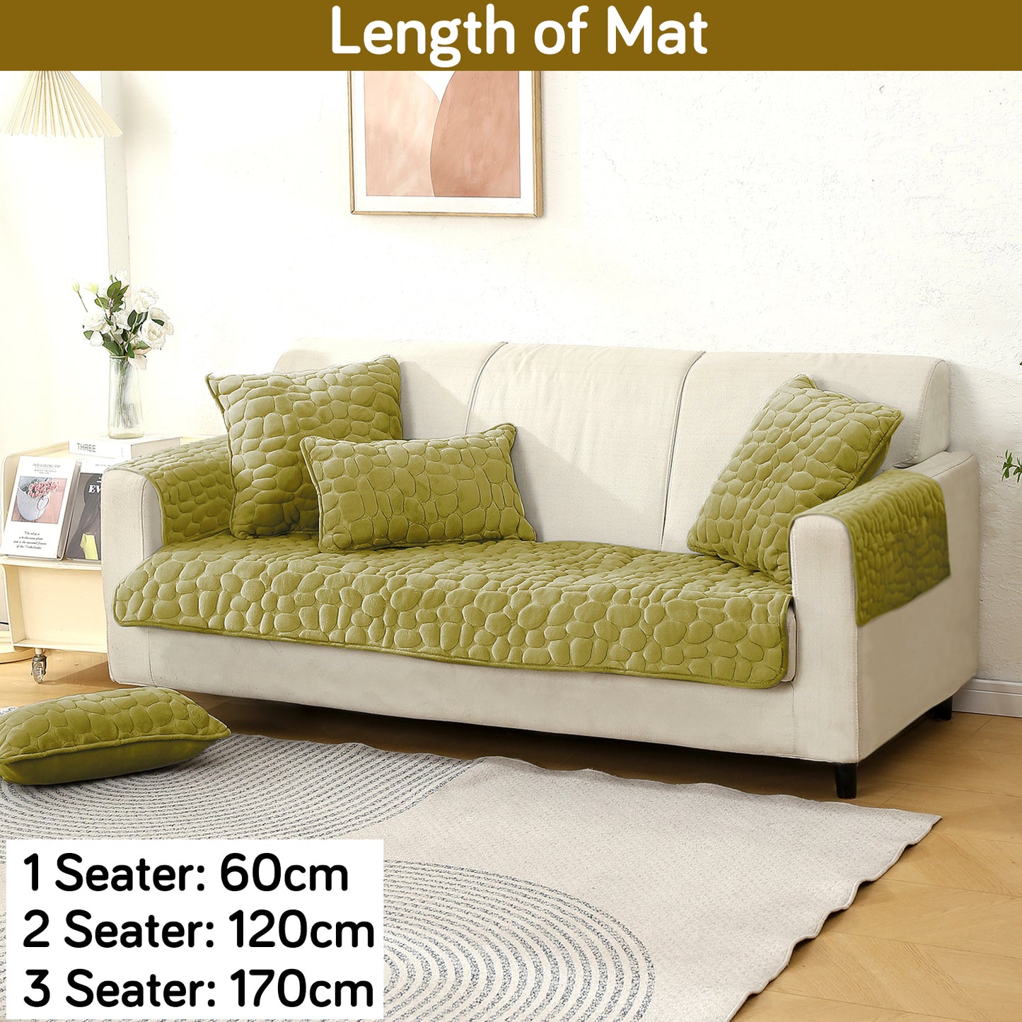 Premium Pebble Milk Velvet Anti Slip Sofa Cover Mat with 2 Armrest Cover, Pristine Green
