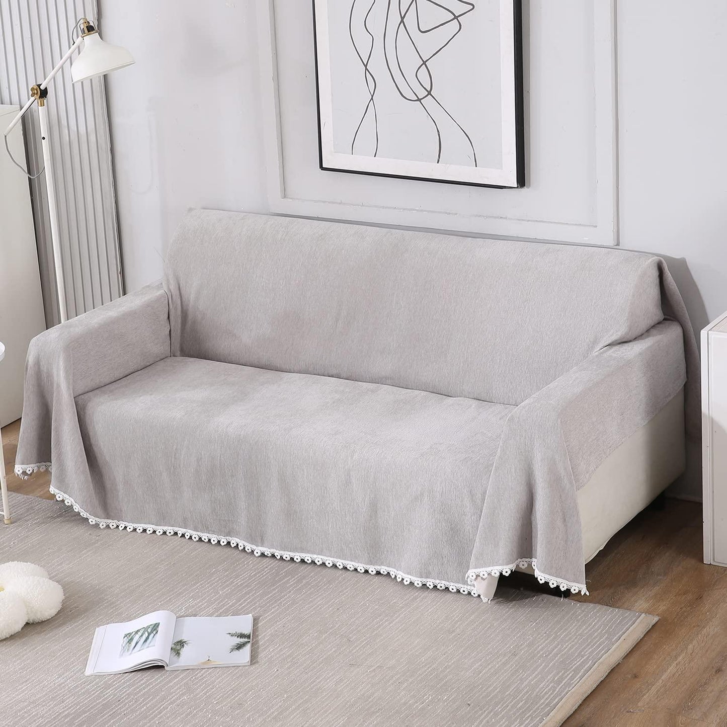 Grey Chenille Sofa Throw Cover | Pet Friendly & Soft - HOKIPO | Har Ghar ka Humsafar