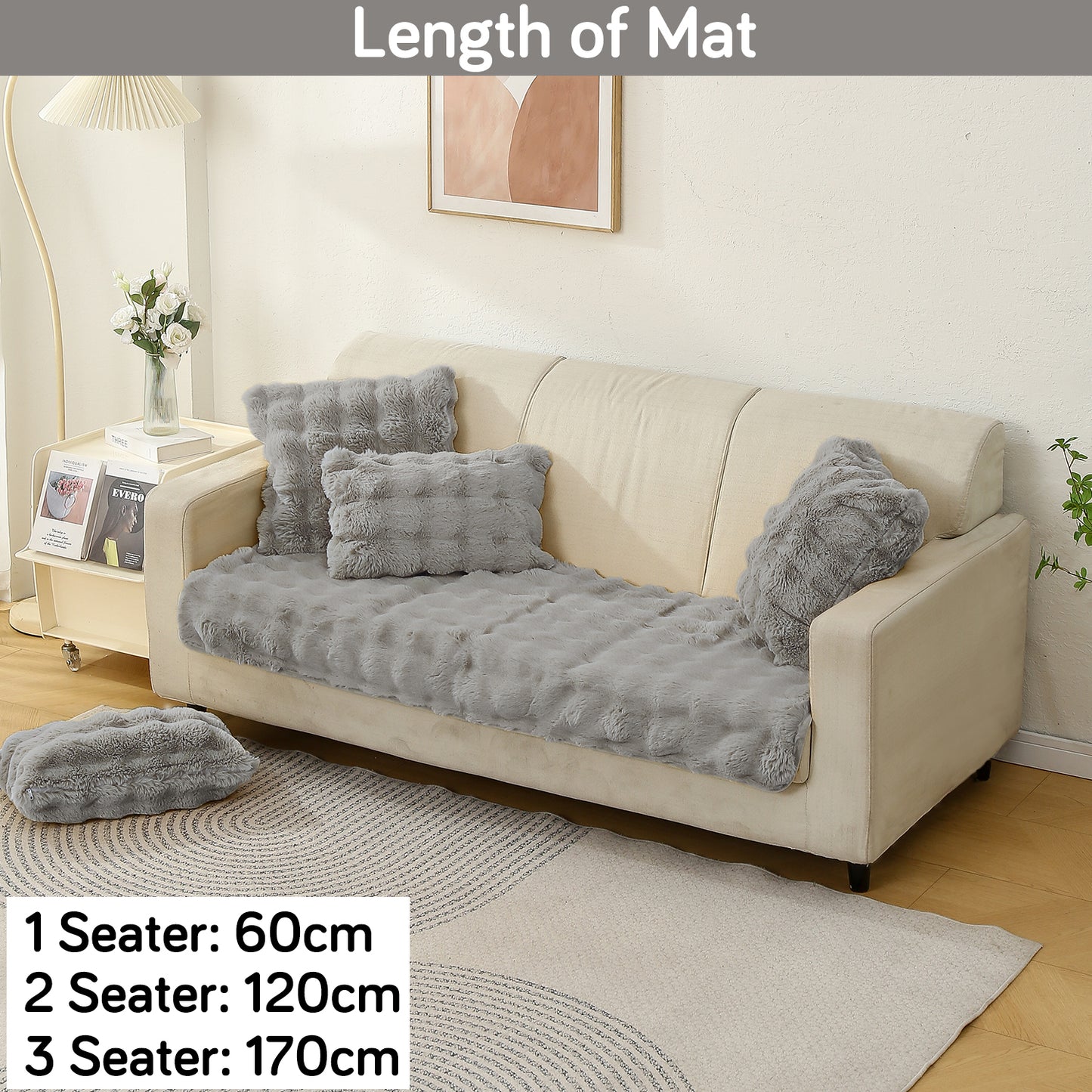 Premium Faux Rabbit Fur Anti Slip Sofa Mat for 1/2/3 Seater, Cool Grey