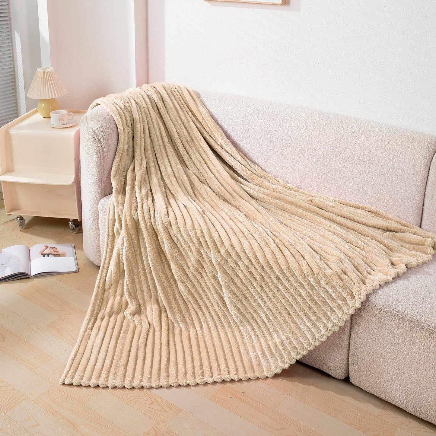 Beige Colour Striped Pattern Warm AC Blanket Double Bed | HOKIPO