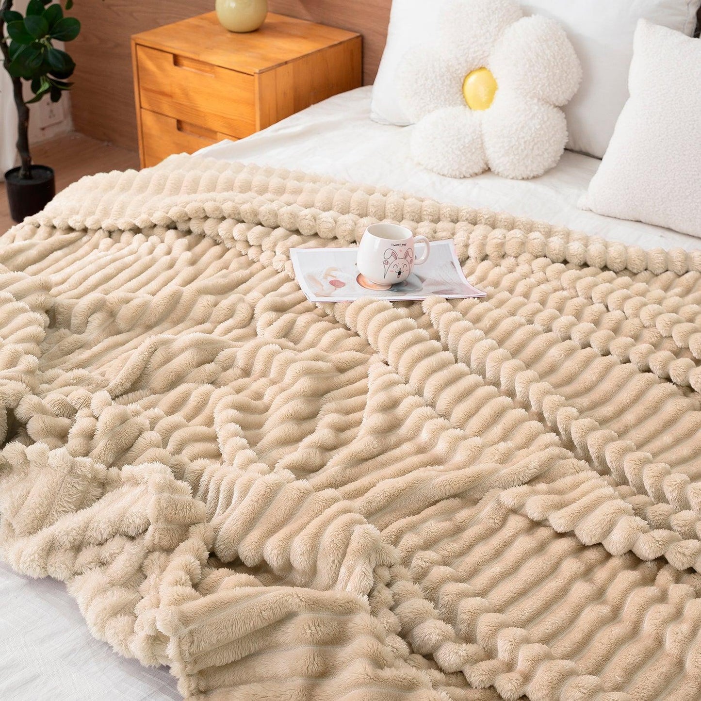 Buy Beige Colour Soft Double Bed Fleece Blanket | HOKIPO