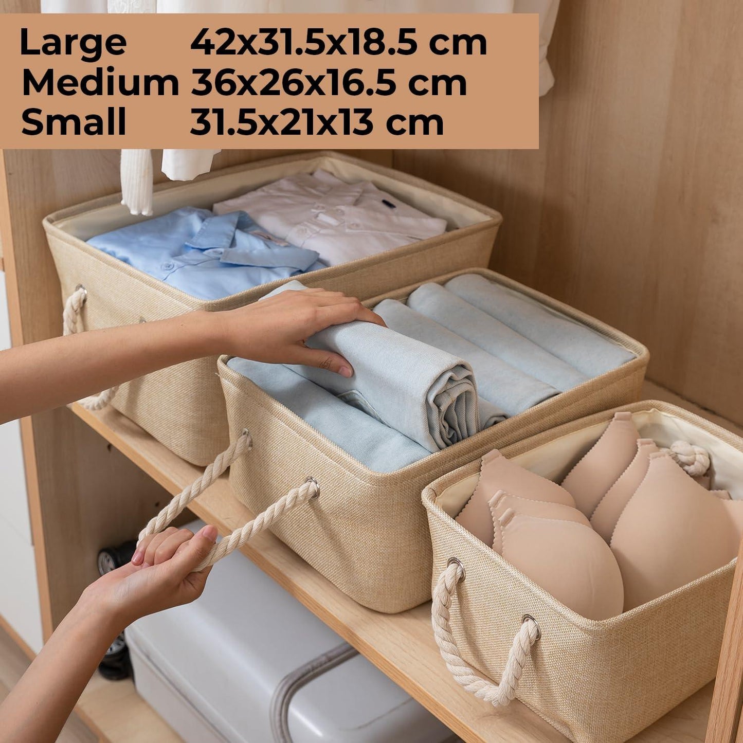 HOKIPO Eco - Friendly Foldable Baskets for Storager Set of 3, Beige - HOKIPO | Har Ghar ka Humsafar