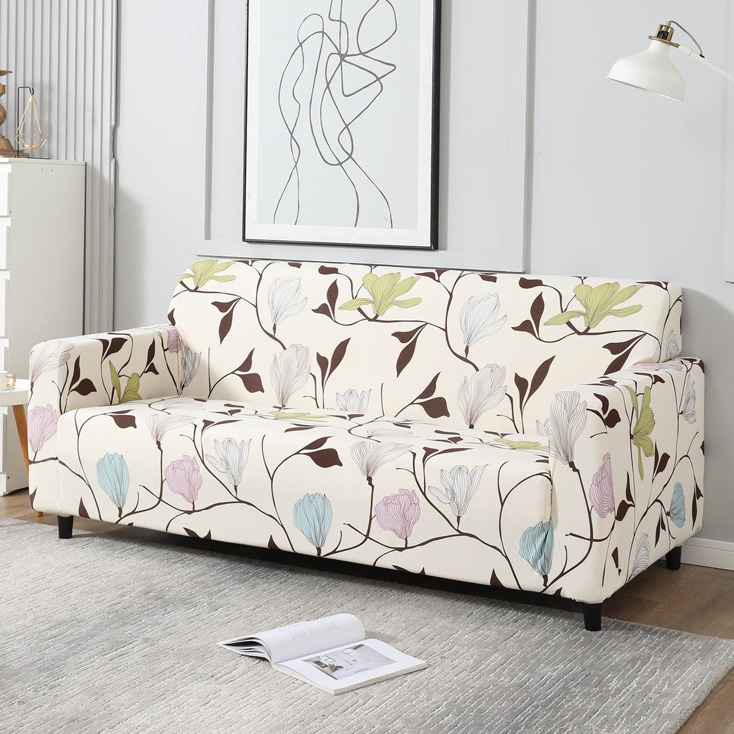 Beige Colourful flower Brown Leaves Print Elastic Sofa Cover HOKIPO