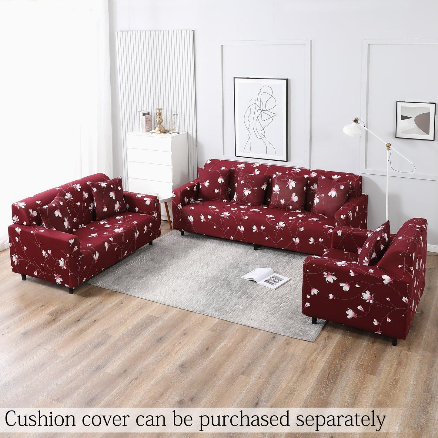 wine red floral print elastic 7 seater sofa cover set