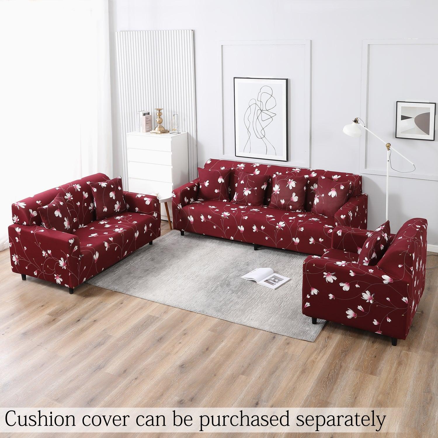 wine red floral print elastic 7 seater sofa cover set