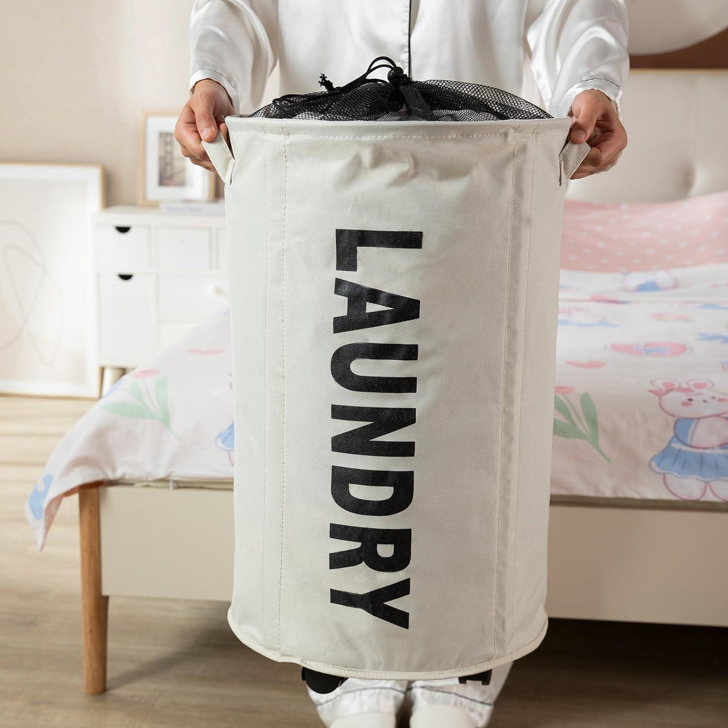 HOKIPO Foldable Laundry Hamper with Wheels, Cream - HOKIPO | Har Ghar ka Humsafar