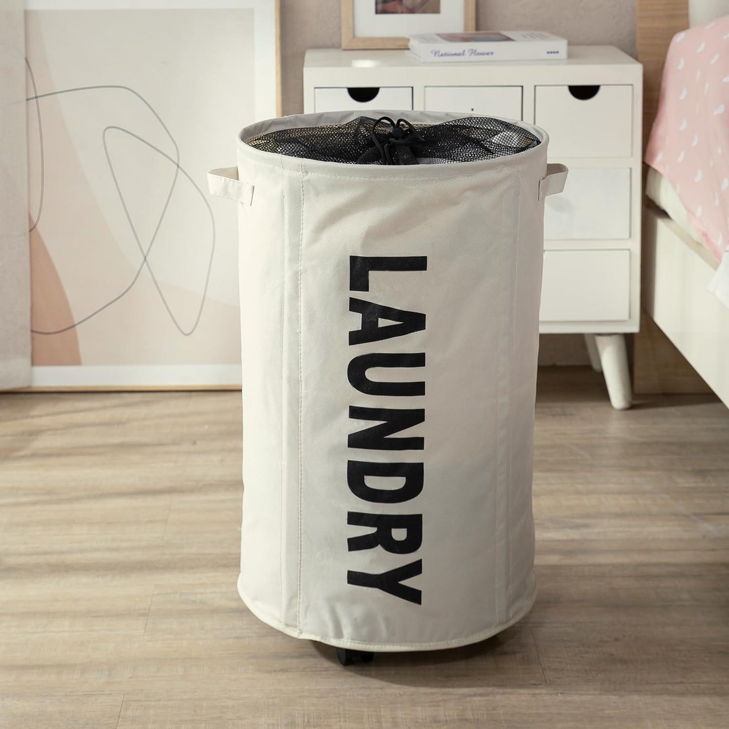 HOKIPO Foldable Laundry Hamper with Wheels, Cream - HOKIPO | Har Ghar ka Humsafar
