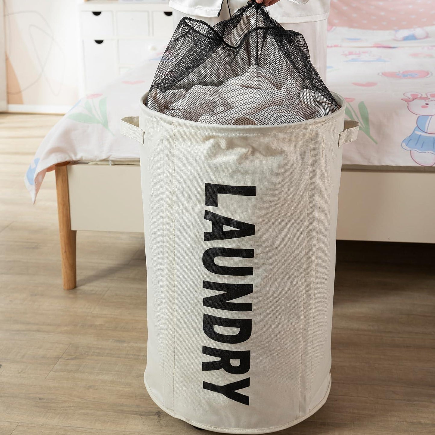 HOKIPO Foldable Laundry Hamper with Wheels, Cream - HOKIPO | Har Ghar ka Humsafar