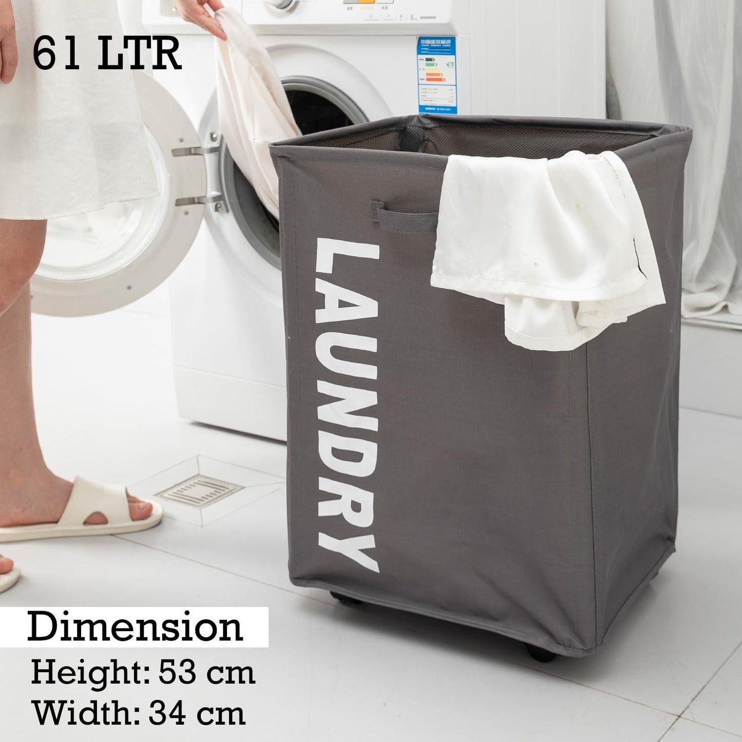 HOKIPO Foldable Laundry Hamper with Wheels, Grey - HOKIPO | Har Ghar ka Humsafar