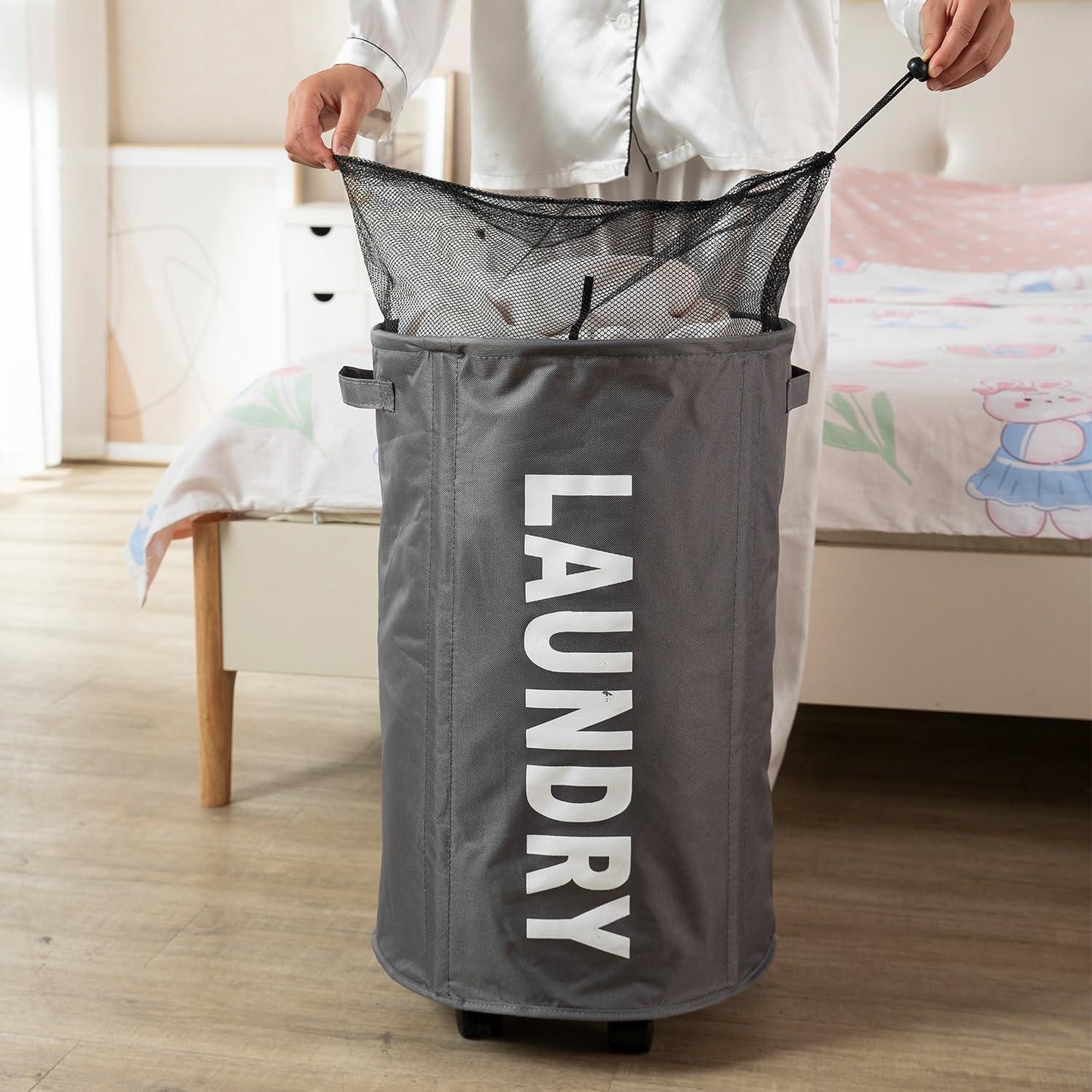 HOKIPO Foldable Laundry Hamper with Wheels, Grey - HOKIPO | Har Ghar ka Humsafar